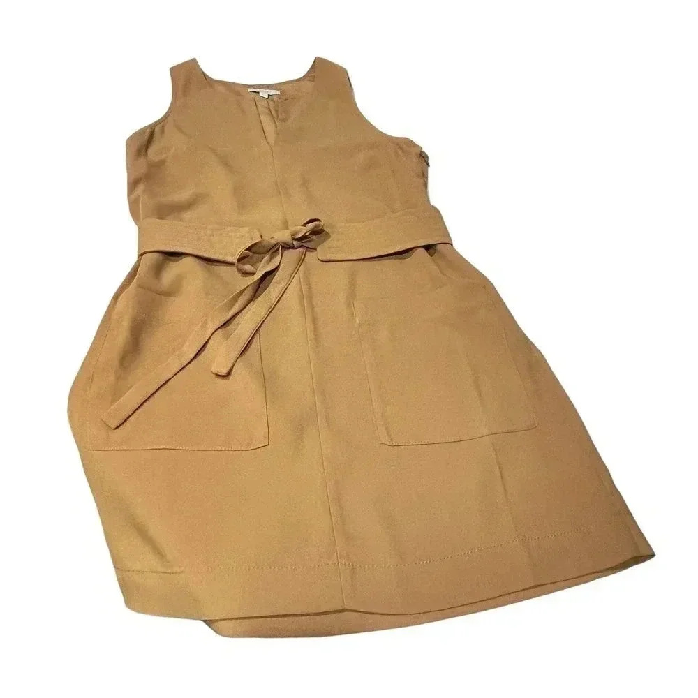 JOIE Puck Tie Waist Lined Keyhole Crepe Mini Dress in Oak Size S - Picture 9 of 12